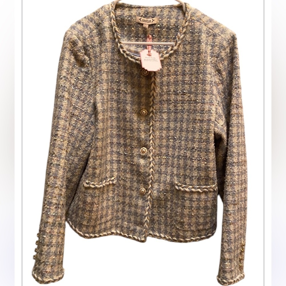 Nanette Lepore light Blue and Cream with Gold Thread Tweed Blazer Size Large